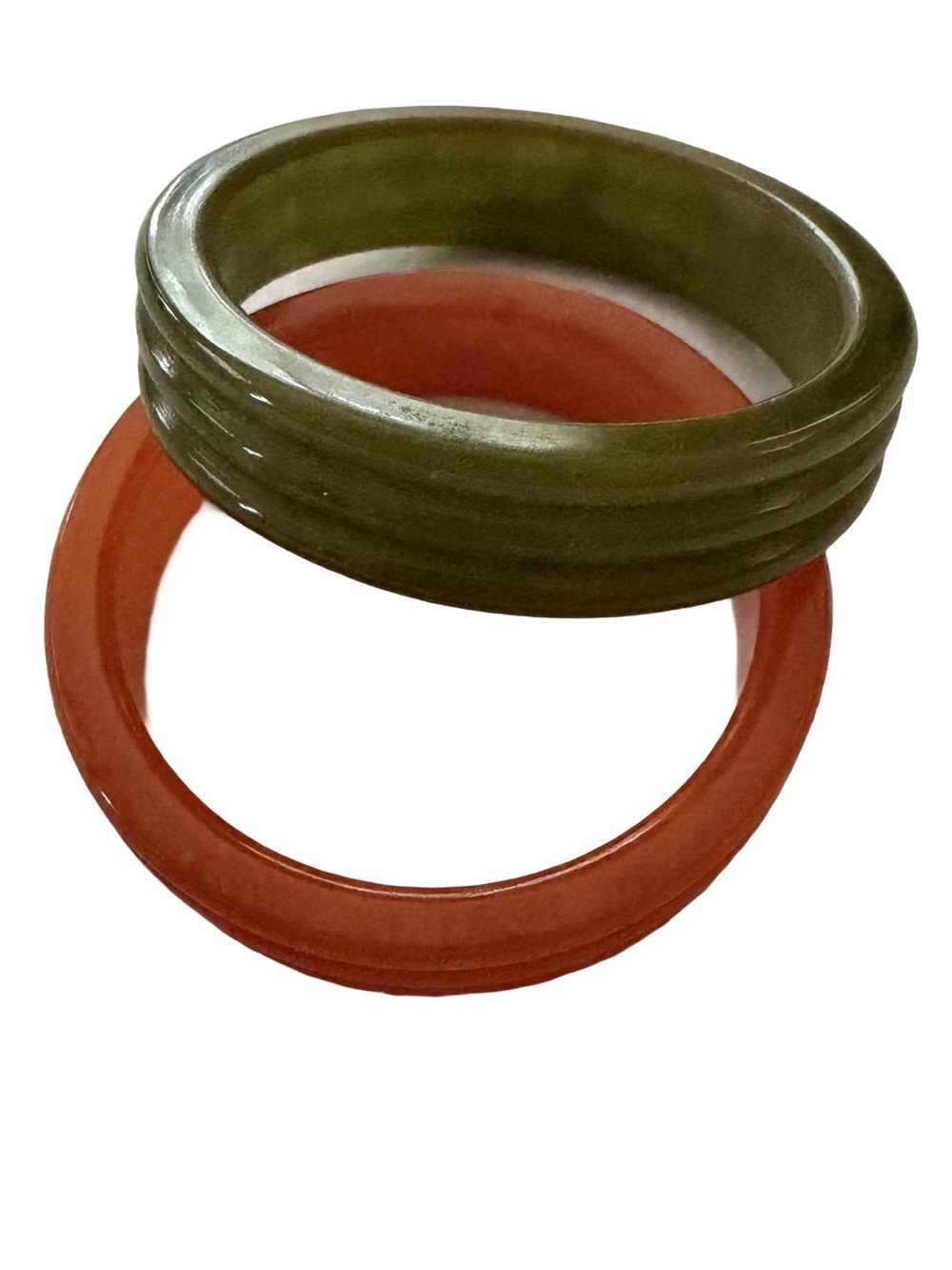 Vintage Mid-Century Carved Triple Ridge Napkin Rings Pair, Green & Orange